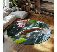 LANDERSION Alfombras Redondas Peces koi 80cm Estanque lotu japonés alfombras Carpas Flores Rosadas asiáticas Hojas Verdes Florales Naturaleza estética Oriental Dormitorio Cocina baño Sala meditación
