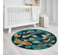LANDERSION Alfombras Round koi Pond 150cm Alfombras Loto Cocina Alfombra Azul Flor Loto Hoja Pescado Alfombra Moderna Lujo Oriental Arte alfombras Circulares Lavables Comedor Cocina casa