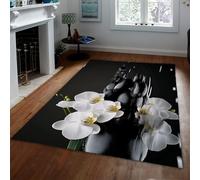LANDERSION Elegantes alfombras orquídea Blanca Piedras SPA Modernas Alfombra área Sala Estar Negra Alfombra Pelo bajo Antideslizante Ultra Suave para Sala Juegos 180x240cm