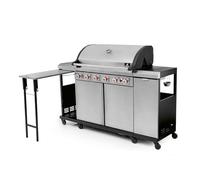 LANDMANN Barbacoa de gas 6.1 con 6 quemadores, zona MaxX, gran superficie de parrilla y rejillas de hierro fundido, potente parrilla para jardín y exterior, con reguladores LED y mesa lateral para una