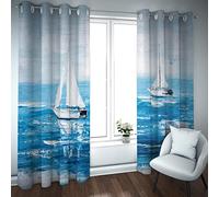 LANDOCROWN Cortinas temáticas de Playa Acuarela Azul Océano Velero 3D Imprimir Ventana Cortinas Mar Olas Paisaje Patrón Cortinas Opacas 229 x 117 cm
