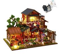 Landscape Attic Miniature Villa Model Kit with LED Lights, DIY Japanese House Craft Handmade Wooden Dollhouse Kit, Creative Home Decor Gift for Adults and Teens (P015)