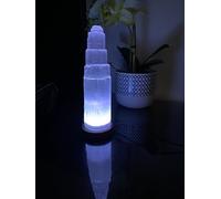 LANDSTER Selenita USB Lámpara de mesa con cambio de color Selenita LED que cambia de color con base de madera, torre de carga de selenita, cristal, lámpara de noche, lámpara de piedras preciosas,