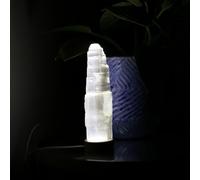 LANDSTER Selenita USB Lámpara de mesa Selenita Lámpara de Mesa LED Luz Blanca con Base de Madera Torre de Carga Selenita Cristal Lámpara de Noche Piedra Preciosa Lámpara Limpieza Decoración del Hogar