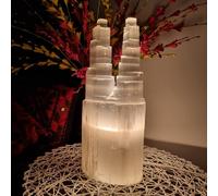 LANDSTER Selenite - Lámpara de torre de selenita grande, lámpara de torre de carga, selenita de cristal, lámpara de mesita de noche, con piedras preciosas, para limpieza, decoración del hogar (25 cm)