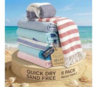 LANE LINEN Juego de 6 toallas de playa turcas - Prelavadas, sin arena, de secado rápido, ligeras, toallas de viaje para mujer, toallas de playa de baño suaves, 99 cm x 180 cm - Coastal Bliss