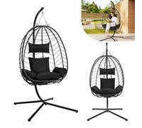 Laneetal Silla Colgante, Silla Huevo con Soporte, Columpio con Cojín y Reposacabezas, Carga 150 kg, PE Aspecto Ratán, Estructura de Metal, para Jardín Patio Terraza 102x100x196 cm, Antracita