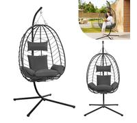 Laneetal Silla Colgante, Silla Huevo con Soporte, Columpio con Cojín y Reposacabezas, Carga 150 kg, PE Aspecto Ratán, Estructura de Metal, para Jardín Patio Terraza 102x100x196 cm, Gris Oscuro