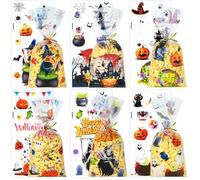 Lanfixilly Bolsas de celofán de Halloween, 150 bolsas de dulces de Halloween, bolsas de golosinas de Halloween, 6 estilos de bolsas de regalo de Halloween, bolsas de regalo con lazos giratorios para