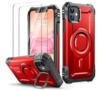 Lanhiem Armor Funda para iPhone 11, para iPhone XR con MagSafe, 2X Cristal Templado y Soporte Integrado, Antigolpes Protección Militar, Resistente Antichoque Carcasa para iPhone 11/XR- Rojo