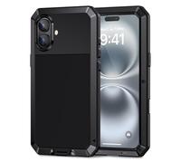 Lanhiem Funda iPhone 16 Plus, [Rugged Armour] Antigolpes Metal Estuche Protectora, Absorción de Choque y Duradera Fundas con Protector de Pantalla Vidrio Carcasa para iPhone 16 Plus, Negro