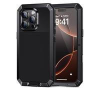 Lanhiem Funda iPhone 16 Pro MAX, [Rugged Armour] Antigolpes Metal Estuche Protectora, Absorción de Choque y Duradera Fundas con Protector de Pantalla Vidrio Carcasa para iPhone 16 Pro MAX, Negro