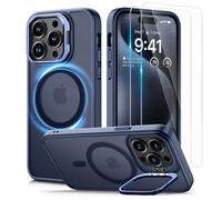 Lanhiem Funda para iPhone 15 Pro para MagSafe con Soporte y 2X Protector Pantalla, Carcasa Magnética Antigolpes Protección, Funda Mate Translúcida para iPhone 15 Pro - Azul