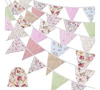 Lanko Banderines de tela de 40 pies, 42 banderines para exteriores, bandera floral vintage de algodón de triple esquina para jardín, fiesta de cumpleaños