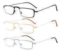 LANLANG Paquete de 3 Gafas de Lectura para Hombres Mujeres,Marcos de acero,metal, negro,plateado,dorado,18g, +1,5 dioptrías
