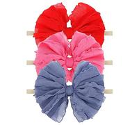 Lanmerry Paquete de 3 diademas elásticas suaves para recién nacidas, con lazo para el pelo, accesorios para el cabello para bebés y niñas, color rosa, azul marino y rojo