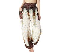 Lannaclothesdesign Pantalones estilo harén de yoga con cintura fruncida para mujer, estilo bohemio, ropa hippie, White Peacock 2, X-Large