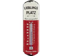LANOLU Cartel de chapa con termómetro, diseño retro con texto en alemán "LIEBLINGSPLATZ", cartel decorativo para jardín, 8 x 28 cm