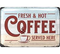 LANOLU Cartel de chapa de café retro - Cartel de café Served Here - Cocina Decoración Vintage Regalo para el Coffee Bar - Decoración Cocina y Diner Retro en aspecto de madera - Placa de metal, 20 x 30