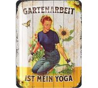 LANOLU Cartel de chapa retro con texto en alemán "Gartenarbeit IST Mein Yoga" con refranes, idea de regalo para el jardín, 15 x 20 cm