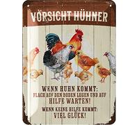 LANOLU Cartel de chapa retro con texto en alemán "Vorsicht Hühner", accesorios divertidos con refranes, cartel de metal vintage, decoración para el gallinero, señal de advertencia y jardín como