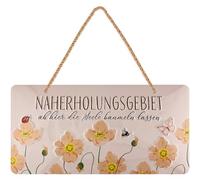 LANOLU Cartel retro de chapa, diseño de zona de recreo con flores, divertido jardín decorativo para exteriores, resistente a la intemperie, cartel con cordón de yute para colgar, 16 x 32 cm