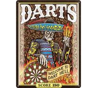 LANOLU Letrero de metal vintage XXL con texto en inglés "WECLOME to DART HELL Man", accesorios de dardos para hombres, accesorios de tablero de dardos, letreros de metal vintage, juegos para pared de