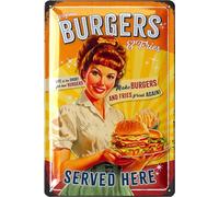 LANOLU Letrero vintage de hojalata con diseño de hamburguesas, arte retro para pared, barbacoa y decoración de cocina de los años 50, 8 x 12 pulgadas