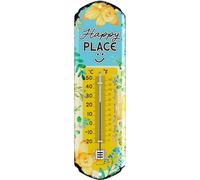 LANOLU Termómetro Happy Place, cartel favorito para jardín exterior, cartel decorativo vintage para jardín, decoración de jardín, decoración de pared, cartel de metal, 8 x 28 cm