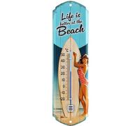 LANOLU Termómetro retro con cartel de chapa Life is better at the Beach, surf y playa, decoración de jardín, piscina y piscina, regalos de campista, termómetro analógico, 8 x 28 cm