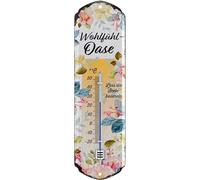 LANOLU Termómetro retro con texto en alemán "WohhlfüHL-OASE", cartel de metal para decoración de pared, 8 x 28 cm