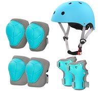 LANOVAGEAR Casco Infantil Set de Protección Casco 2-8 años Ajustable Rodilleras, Coderas y Muñequeras para Patinar Ciclismo Monopatín y Deportes Extremos (Azul Hielo, S)