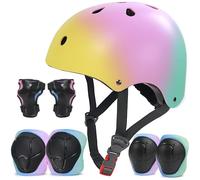LANOVAGEAR Set de Protección Patinaje, Protección Infantil Consta de Casco Ajustable Rodilleras Coderas para Skate Patinaje Ciclismo Monopatín línea (Amarillo Rosa Verde, M)