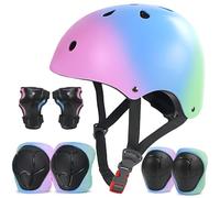 LANOVAGEAR Set de Protección Patinaje, Protección Infantil Consta de Casco Ajustable Rodilleras Coderas para Skate Patinaje Ciclismo Monopatín línea (Rosa Azul Verde, M)