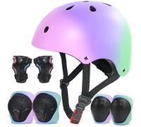 LANOVAGEAR Set de Protección Patinaje, Protección Infantil Consta de Casco Ajustable Rodilleras Coderas para Skate Patinaje Ciclismo Monopatín línea (Rosa Púrpura Verde, M)