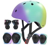 LANOVAGEAR Set de Protección Patinaje, Protección Infantil Consta de Casco Ajustable Rodilleras Coderas para Skate Patinaje Ciclismo Monopatín línea (Púrpura Verde Amarillo, S)