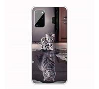 Lanpangzi Compatible con Funda Samsung Galaxy A42(5G) Case + 2*Protector de Pantalla TPU Silicona Suave Transparente Anti-rasguños Protectora Cover - Gato Reflejo Tigre