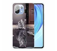 Lanpangzi TTNAO Funda para Xiaomi Mi 11 Carcasa El Diseño Ultrafino TPU Suave Silicona Absorción Golpes Arañazo Cover+2*Protector De Pantalla Endurecido-Reflexión Gato Tigre