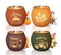 Lanpn 4 Velas Aromáticas de Otoño Vela Perfumadas en Vidrio, Fall Scented Candle Set Cera de Soja Especias Calabaza, Vela Caja de Regalo para Mamá Mujeres, Velas Decorativas de Manzana Canela