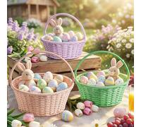 Lanpn Juego de 3 Cestas de Pascua en Mimbre Sintético Impermeable Grande, Mediano, Pequeño con Rafia para Búsqueda de Huevos, Dulces y Decoración Pastel (Rosa, Verde, Violeta)