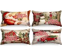 Lanpn Juego de 4 Fundas Cojin Navidad 30x50 cm, Funda Cojines Decorativos Navideños de Papá Noel Vintage Fundas de Almohada Navideñas Decoración Hogar Navidena para Dormitorio Sofá Cama (Rojo)