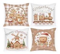 Lanpn Juego de 4 Fundas Cojin Navidad 40x40 cm, Funda Cojines Decorativos Navideños de Hombre de Jengibre Fundas de Almohada Navidena para Sala de Estar Dormitorio Sofá Cama (Marrón)
