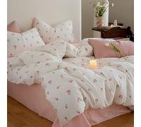 Lanqinglv Bettwäsche 155x220 Weiß Rosa Tulpen Blumenmuster Bettwäsche aus Microfaser,ÖKO-TEX Bettwäsche Set - Bettbezug mit Reißverschluss und 1 Kissenbezug 80 x 80 cm