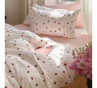 Lanqinglv Juego de ropa de cama de 135 x 200 cm, 4 piezas, para niñas, color blanco, rosa y rojo, con corazones, de microfibra, con certificado Öko-Tex, funda nórdica suave con cremallera y 2 fundas