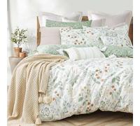 Lanqinglv Juego de ropa de cama de 155 x 220 cm, color verde y blanco, hojas de flores, plantas, reversible, multicolor, funda nórdica con cremallera y 1 funda de almohada de 80 x 80 cm, certificado
