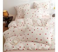 Lanqinglv Muselina Ropa de cama de algodón de 135 x 200 cm, diseño de corazones, color rosa, rojo y blanco, ropa de cama de algodón, funda nórdica acogedora y 1 funda de almohada de 80 x 80 cm