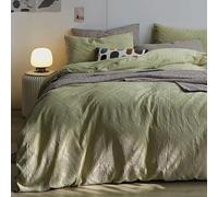 Lanqinglv Ropa de Cama de 135 x 200 cm, Verde Claro, Efecto gofle, Tejido a Mano, Bordado y Estampado geométrico, Reversible, de Microfibra, Funda nórdica y 1 Funda de Almohada de 80 x 80 cm con