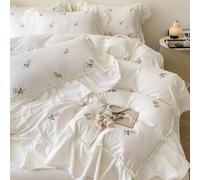Lanqinglv Ropa de cama de 220 x 240 cm, diseño romántico de flores blancas y rosas con volantes, bordado romántico de microfibra, ropa de cama de 200 x 220 cm y 2 fundas de almohada de 80 x 80 cm, con