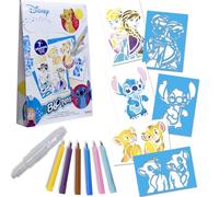 Lansay - Blopens Disney Héroes - Set de Dibujo y Color - Desde 5 Años | Rotuladores de Soplo - 6 Bolis, 7 Plantillas con Stitch, Simba, Elsa y 7 Hojas - Degradados Suaves - Efecto Aerógrafo