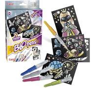 Lansay - Blopens Set Metallic - Dibujar y Crear en Casa - Desde 5 Años | Rotuladores de Soplo - 5 Tintas Metalizadas, Plantillas y Hojas Negras - Brillo sobre Fondo Oscuro - Efecto Aerógrafo